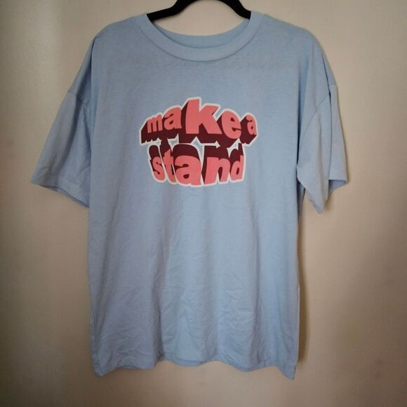 BP Tee Shirt Light Blue Graphic Make A Stand Pink Oversized Casual Crewneck - Picture 1 of 8